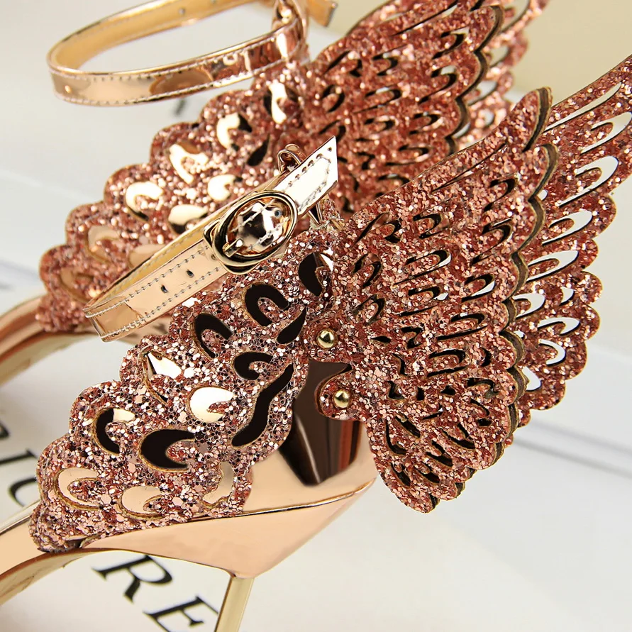 2018 Women Summer 9cm High Heels Sequins Sandals Lady Sexy Strap Stiletto Pumps Female Escarpins Wedding Bride Pink Gold Shoes