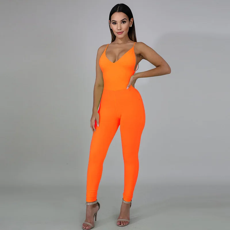 Neon Green Orange Jumpsuit Spaghetti Strap Women Jumpsuit Long Pants Ladies Open Back Female One