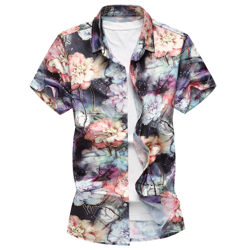 

New Hawaiian Men Shirt Big Size 7XL 2018 Summer Short Sleeve Plus Size Flowers Floral Printed Slim Fit Casual Beach Wear Shirts