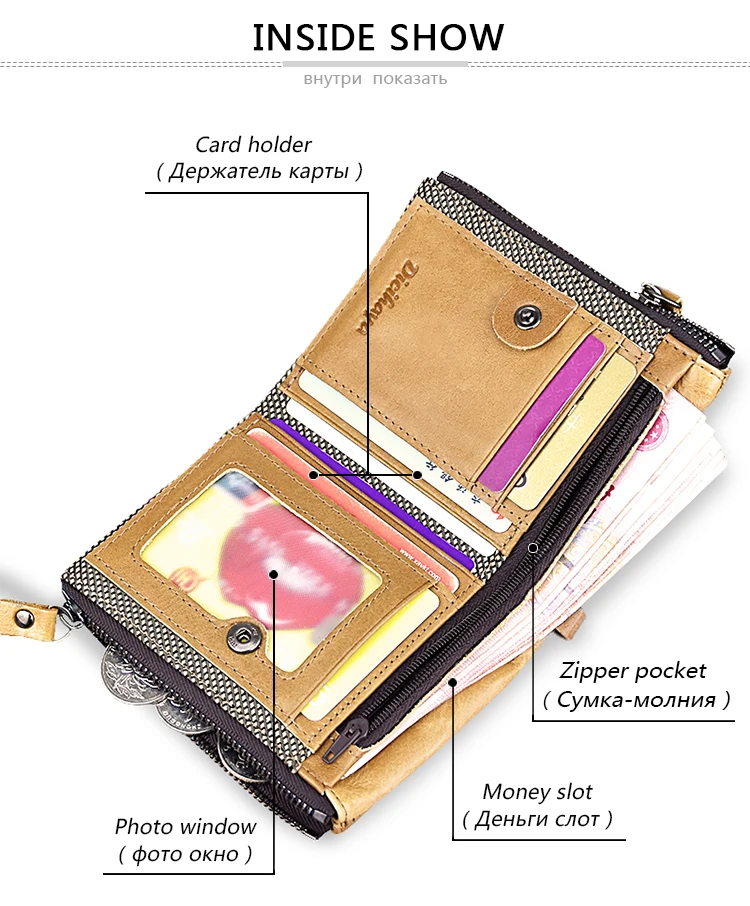 Dicihaya натуральная кожа Для мужчин кошелек короткие портмоне маленький Винтаж бумажник двойной молнии Для мужчин из мяг