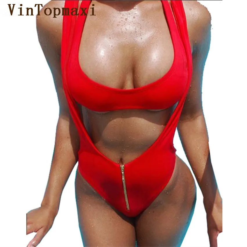 

2018 Sexy High Cut Bathing Suit Red Two Piece Swimsuits Brazilian Halter Swimwear Women Push Up Zipper Monokini Swimming Suit