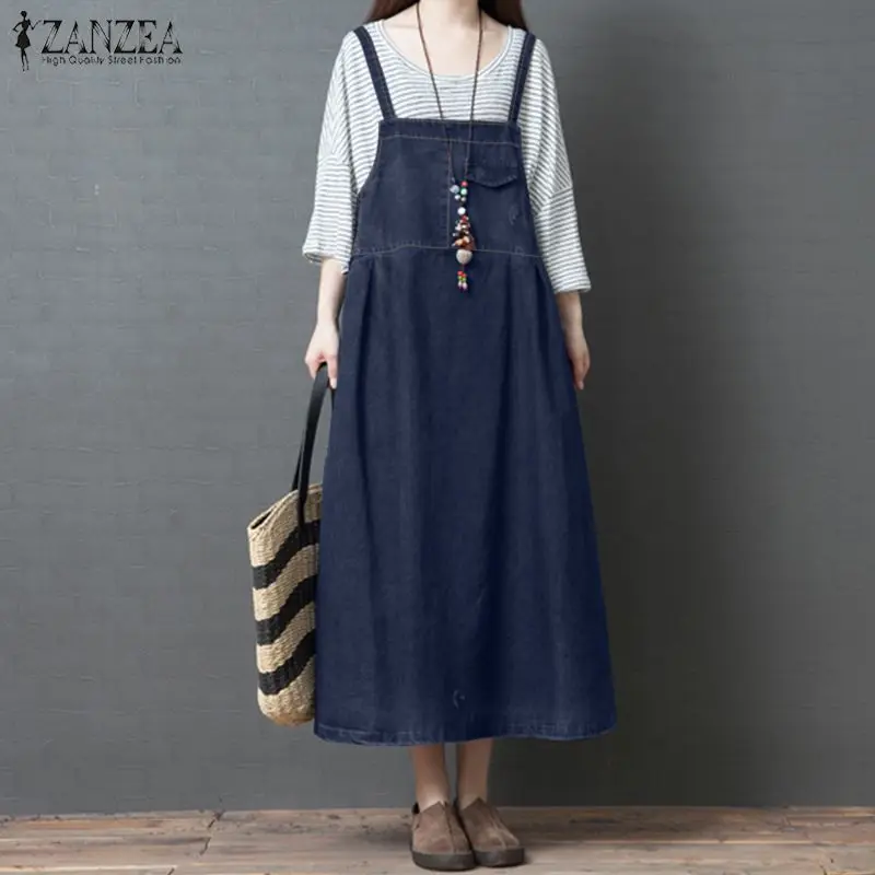 

Plus Size Women's Denim Blue Sundress Overall Dress Kaftan 2019 ZANZEA Casual Midi Vestidos Female Autumn Suspender Robe Femme