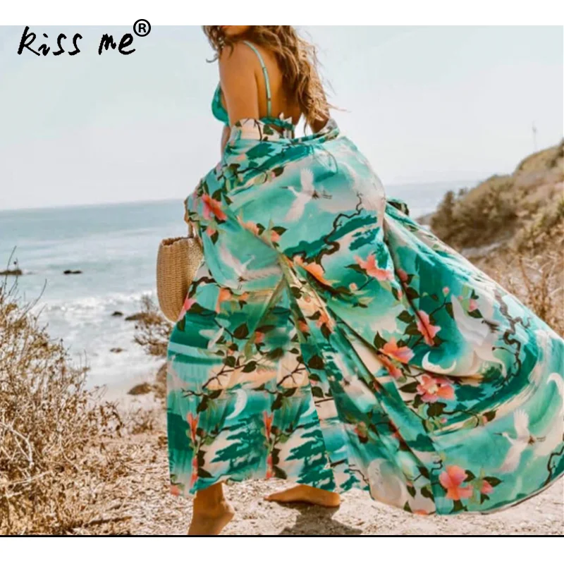 

Cotton Green Beach Tunic Swimming Cover Ups Beach Sun Protection Loose Printed Cardigan Long Cardigan With Belt Maxi Dress