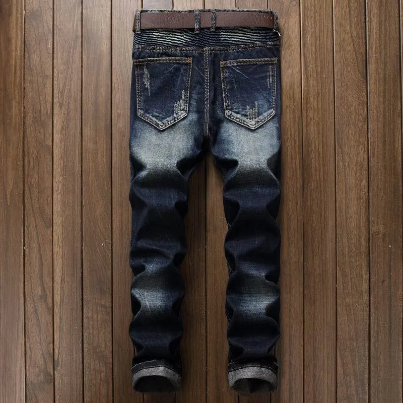 Mcikkny Fashion Men's Biker Jeans Pants Washed Slim Fit Denim Pants Multi-pockets Motorcycle Denim Trousers For Men   