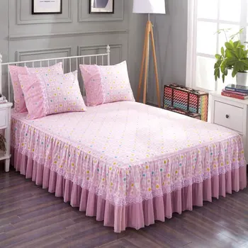 

DeMissir Sweet Girl Floral Lace Edge Bed Skirt Pillow Case Bedspread Simmons Dustproof Skirted Bedcover