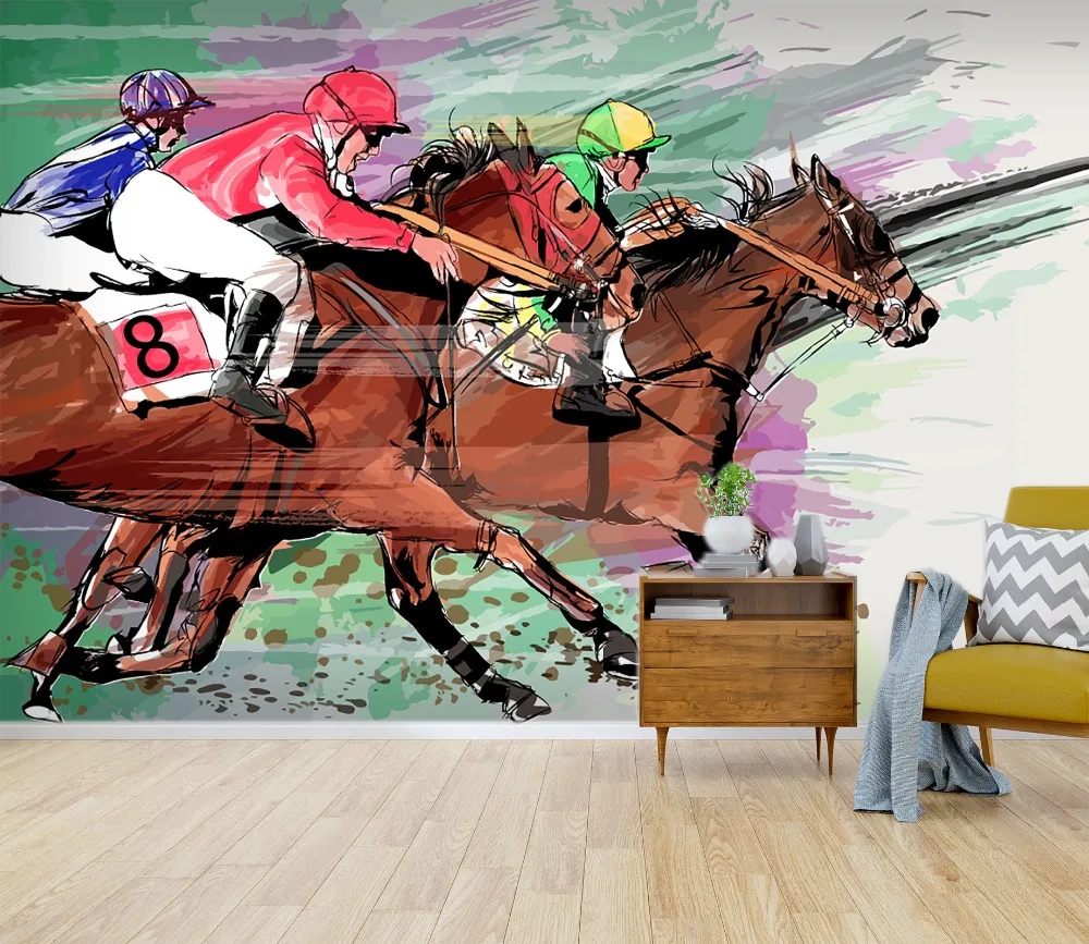 [ذاتية اللصق] 3D الحصان سباق لاعب المنافسة 5 ورق حائط جدارية جدار صائق الطباعة جداريات حائطية