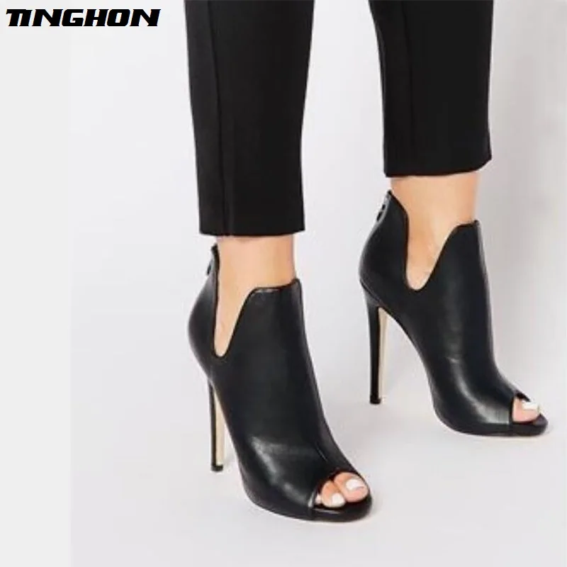 

TINGHON Spring/Autumn Gladiator V Mouth Women Pumps Zipper Fashion Black Sexy Peep Toe Cover Heel Pumps 12CM Size 35-40