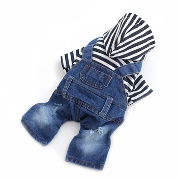 

Stripe Denim Jumpsuit Dog Jeans Pet Hoodies Cool Overall For Small Medium Dogs Classic Jacket Vintage Washed Puppy Clothes 20E