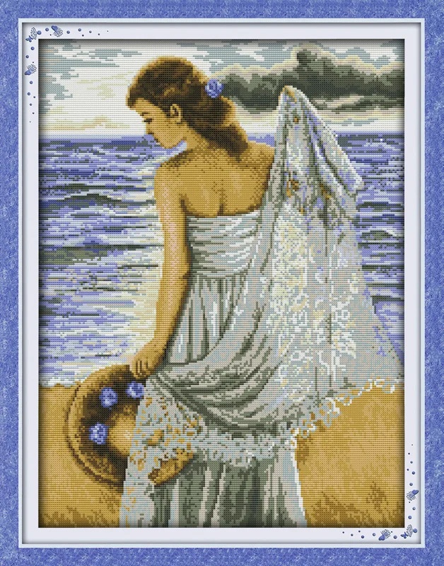 

Beautiful Seaside girl Printed Canvas DMC Counted Chinese Cross Stitch Kits printed Cross-stitch set Embroidery Needlework