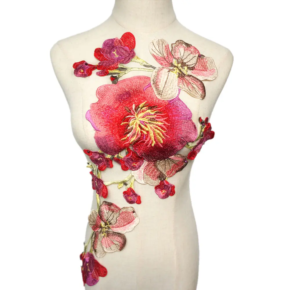 

Embroidered Red Pink Flowers Petal Fabric Appliques Collar Trimmings Sew On Patches For Wedding Dress DIY Decoration