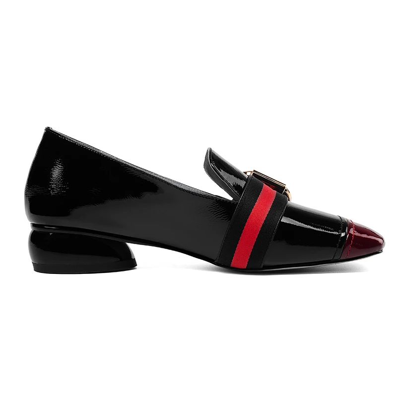 ISNOM/лакированные туфли-лодочки; цвет черный, красный; обувь с квадратным носком; необычная женская обувь на низком каблуке-столбике; модная повседневная обувь для женщин;