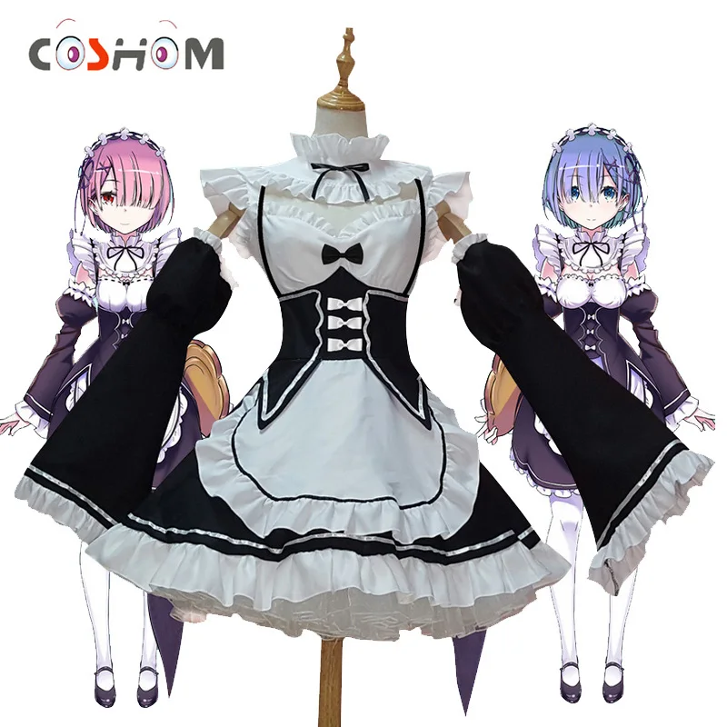 Coshome Re zero Ram Rem Vestido Cosplay Perucas Fantasias