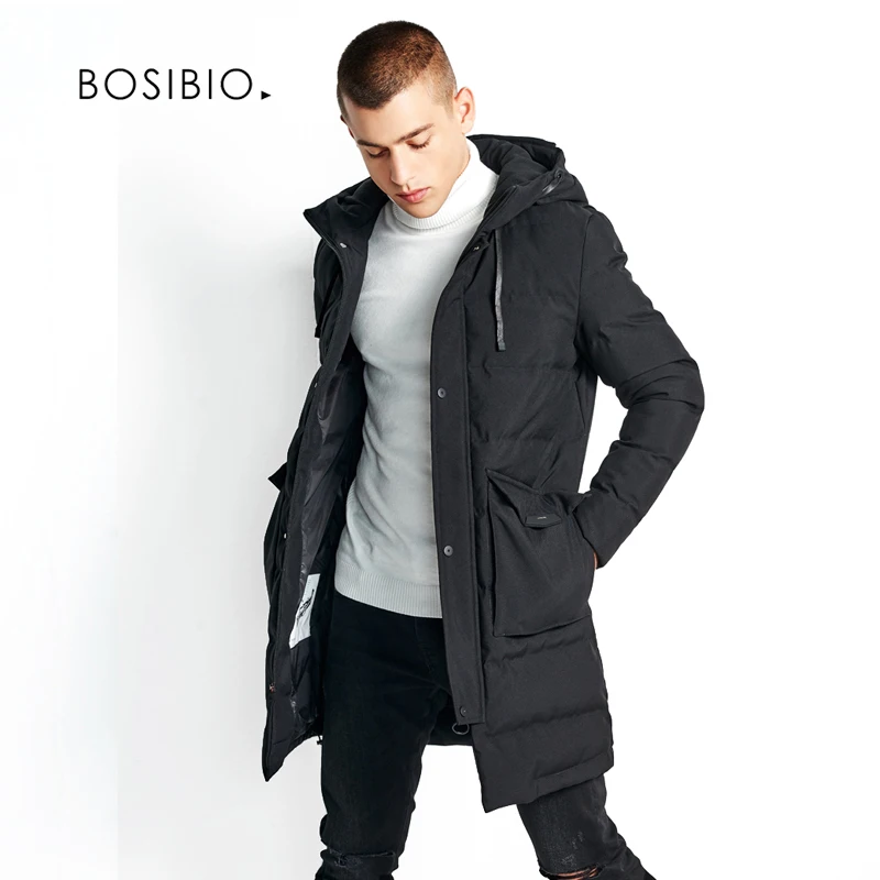 BOSIBIO long winter Jacket mens hooded fashion slim fit warm coat top