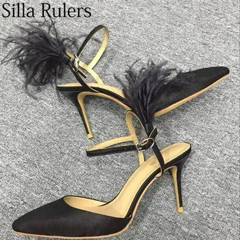 

Silla Rulers new summer one strap feather sandals women sexy pointed toe thin heel women pumps party shoes woman zapatos mujer