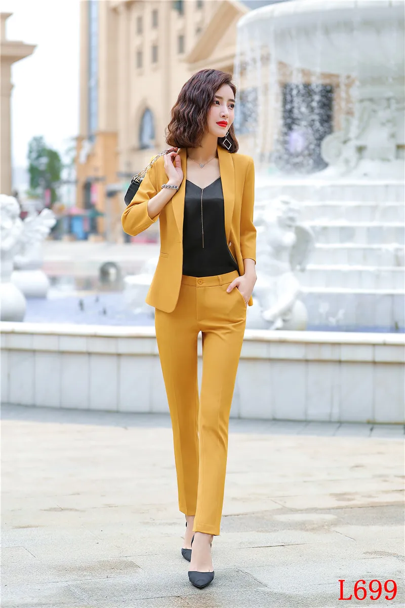 Официальный женский желтый Блейзер, женские деловые костюмы, брюки и пиджак, комплекты одежды для работы, офисные брючные костюмы, OL стили