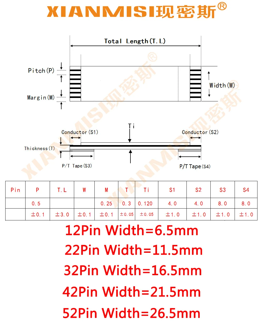 FFC/FPC плоский гибкий ленточный кабель 12Pin 22Pin 32Pin 42Pin 52Pin та же Сторона 0,5 мм Шаг AWM VW-1 20798 80C 60 в длина 10 см 5 шт