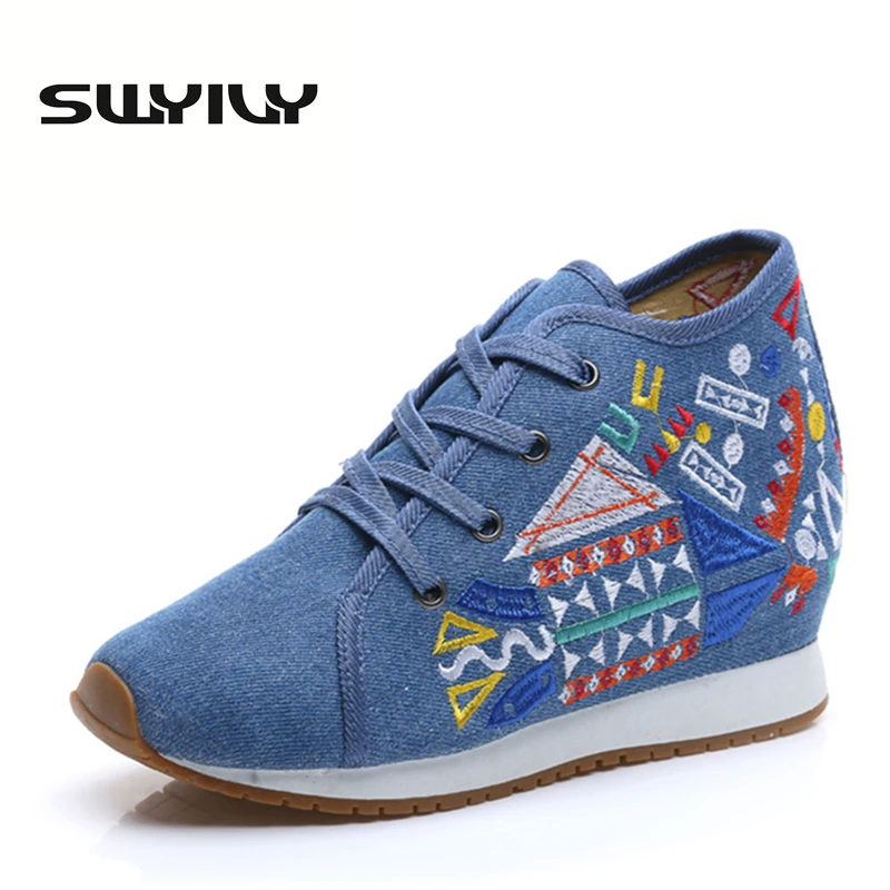 SWYIVY Canvas 5CM Height Increase Wedge Women Walking Shoes Geometry Pattern Embroidered High-top Lacing Women Sneakers