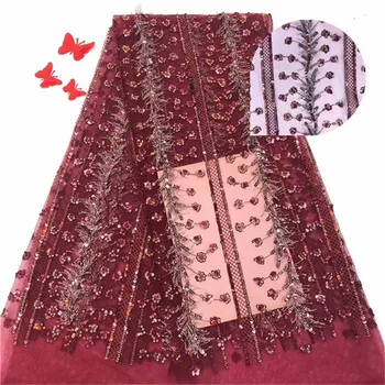 

French Net Lace Fabric 2019 Latest African Guipure Lace Fabric with Embroidery Mesh Tulle Red Cord Sequins Lace Fabric