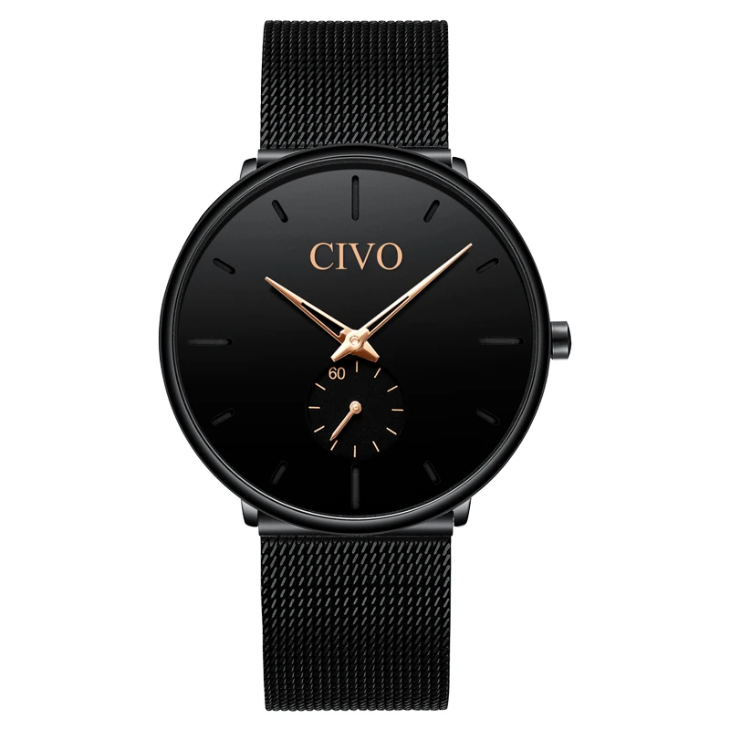 CIVO Черные Сетчатые часы из нержавеющей стали мужские топ брендовые кварцевые наручные часы для мужчин водонепроницаемые ультра тонкие минималистичные часы - Цвет: mesh gold pointer