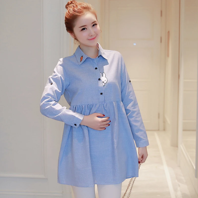 

2029# Spring Autumn Korean Fashion Maternity Blouses Long Sleeve Loose Blouses for Pregnant Women Pregnancy Tops Drop Shipping