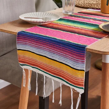 

35*215cm Mexican Style Rainbow Striped Table Runner Tablecloth Rustic Wedding Party Banquet Decoration Home Textiles