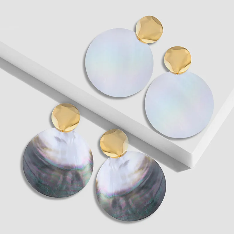 

Boho Natural Shell Round Hollow Pendant Drop Earrings Trendy Simple Circle Gold Metal Statement Earrings For Women Wedding
