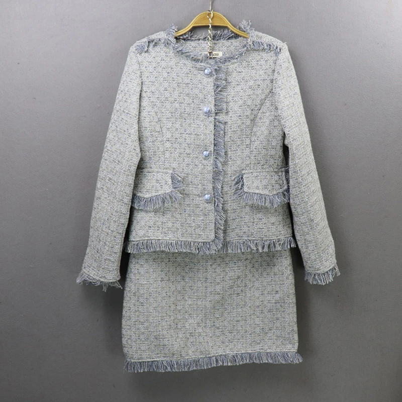 Твидовый пиджак+ костюм юбка Светло-синий осень / зима женский пиджак Тонкий женский шерстяное пальто юбка 2 шт костюм