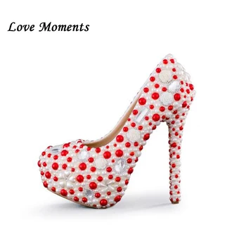 

Love Moments white&red pearl wedding shoes bride round toe Woman Party dress shoes big size high heels platform shoes pumps