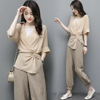 

Cotton And Hemp 2 Piece Set Women Stripe Tracksuit Leisure Women's Summer Suit Conjunto Feminino Women Two Piece Outfits