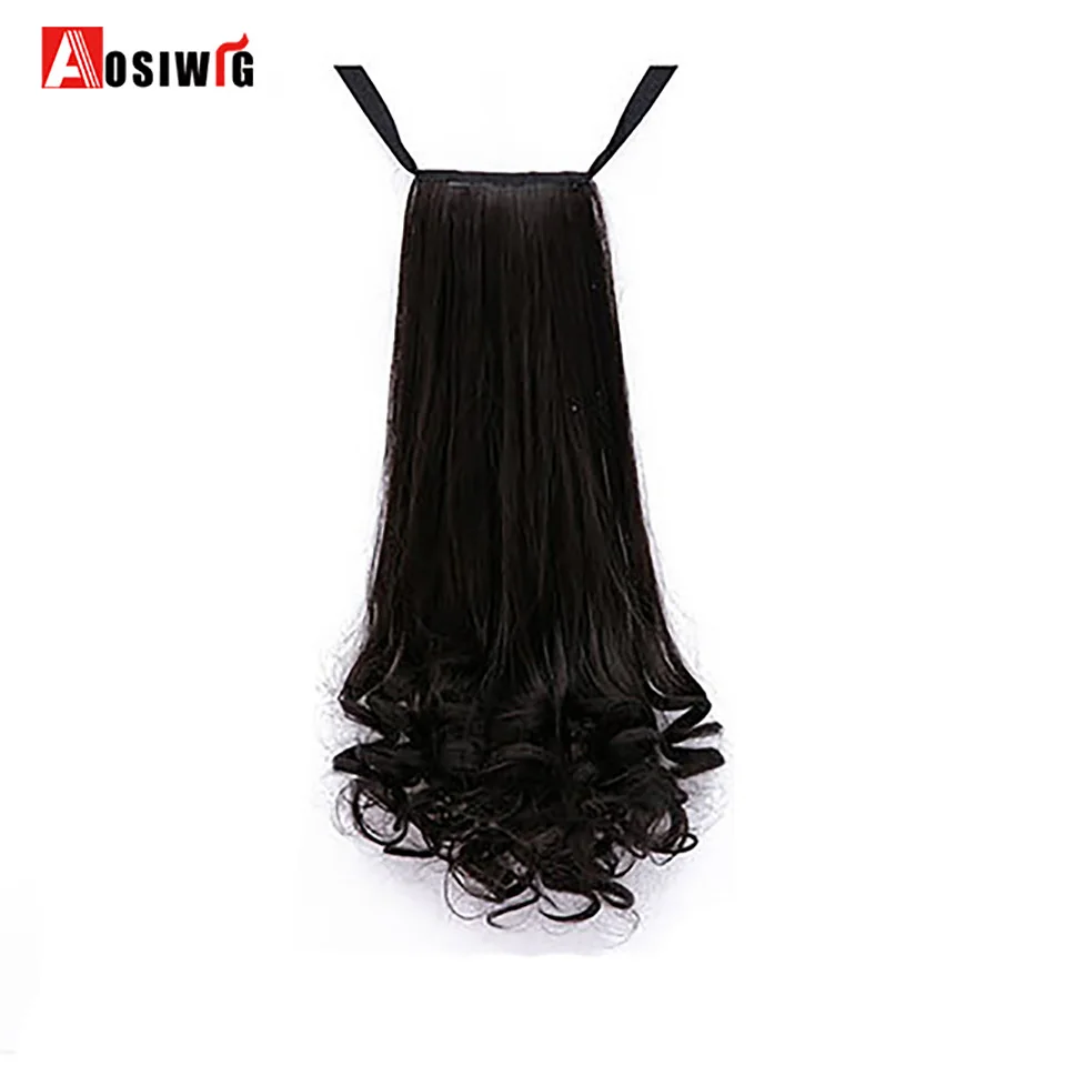 AOSIWIG Long Wavy Real Natural Ponytail Clip in Pony tail Hair Extensions Wrap Around on Synthetic Hair Piece for Women