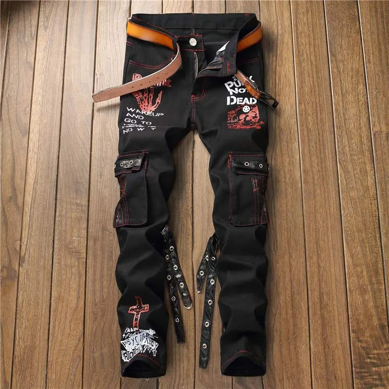 Mcikkny Brand Men's Punk Straight Jeans Letter Printed Denim Trousers Male Streetwear Hip Hop Jeans Pants Multi-pockets  (6)