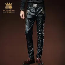 FANZHUAN осенние и зимние брюки из искусственной кожи, мужские повседневные брюки из искусственной кожи, брюки с вышивкой, Длинные прямые брюки