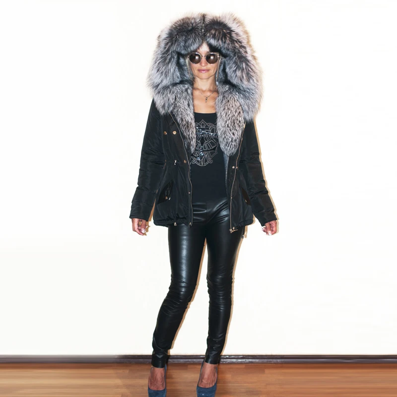 CKMORLS Real Fur Parka Jacket For Women Winter Outwear Short Tops Black Parkas With Natural Big Silver Fox Fur Collar Fur Coats
