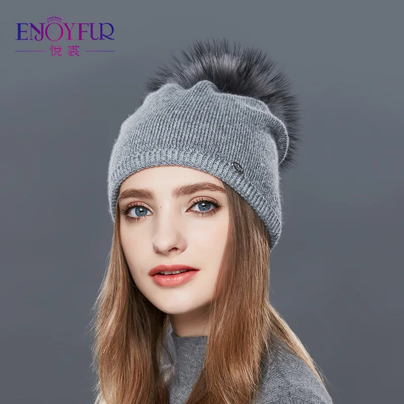 

ENJOYFUR Real Raccoon Fur Pompom Hats For Women Thick Gravity Falls Cap Wool Knitted Caps girl Autumn Winter Beanies Female Hat