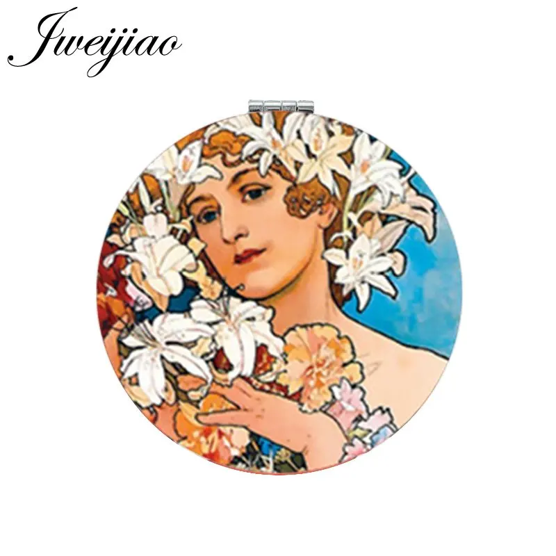 

JWEIJIAO Flower Lady Art Photo Printed PU Leather Makeup Mirror Folding Round Mini Pocket 1X/2X Magnifying Mirror Factory Price