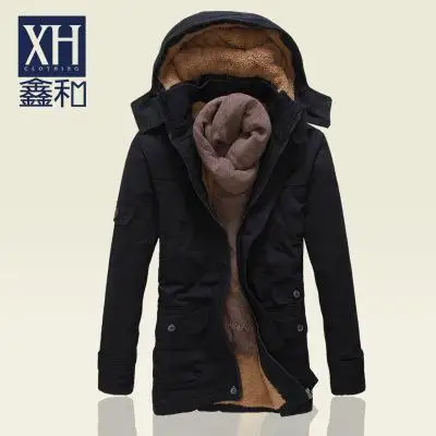 Зимняя теплая Толстая Новая модная брендовая мужская флисовая куртка с капюшоном, пальто, длинное пальто, хлопковые куртки, мужская верхняя одежда, ветровка - Цвет: Черный