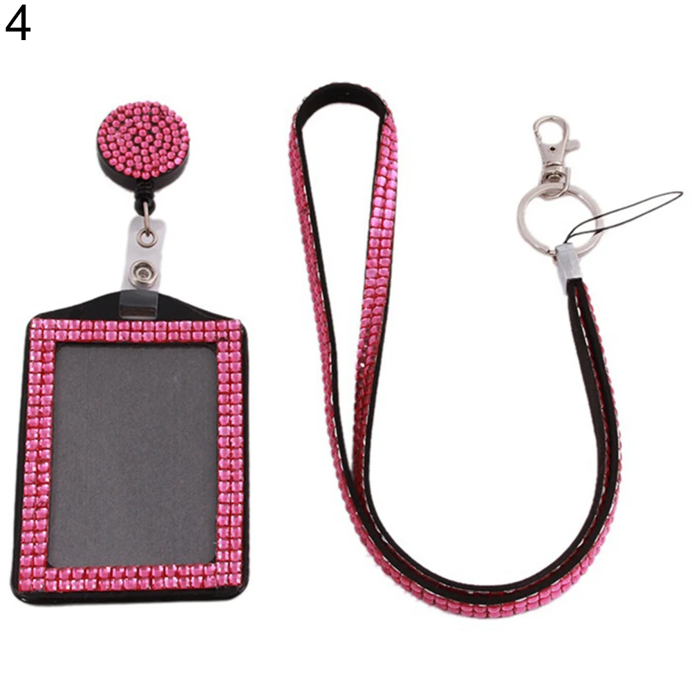 

Retractable ID Badge Neck Lanyard Rhinestone Case Name Tag Card Holder Cover