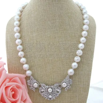 

N082512 21'' White Round Keshi Pearl Necklace CZ Pendant