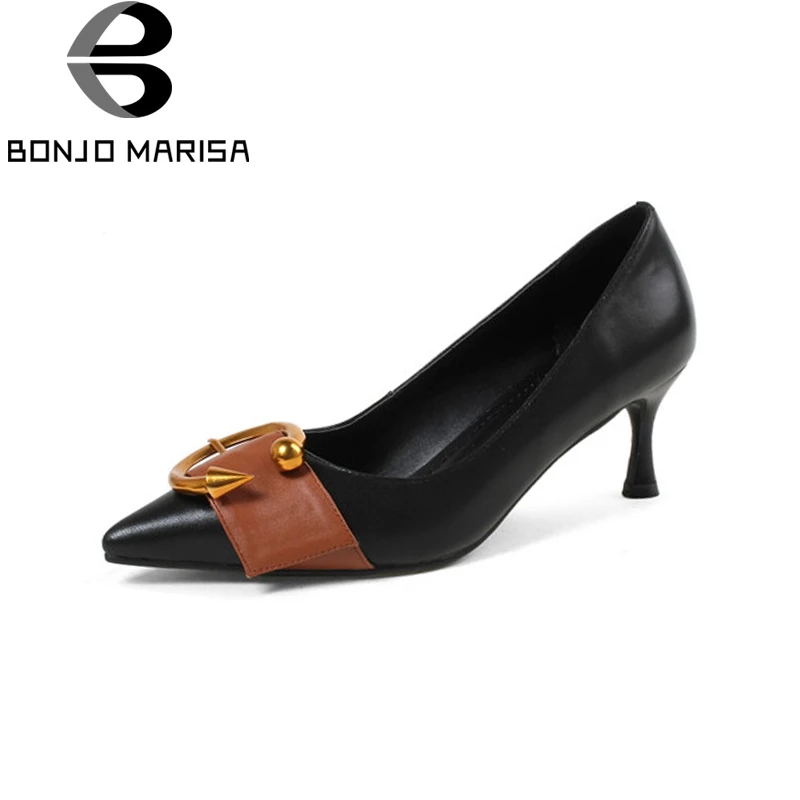 

BONJOMARISA new women's genuine leather thin high heels belt decoration pointed toe shoes woman casual office spring pumps