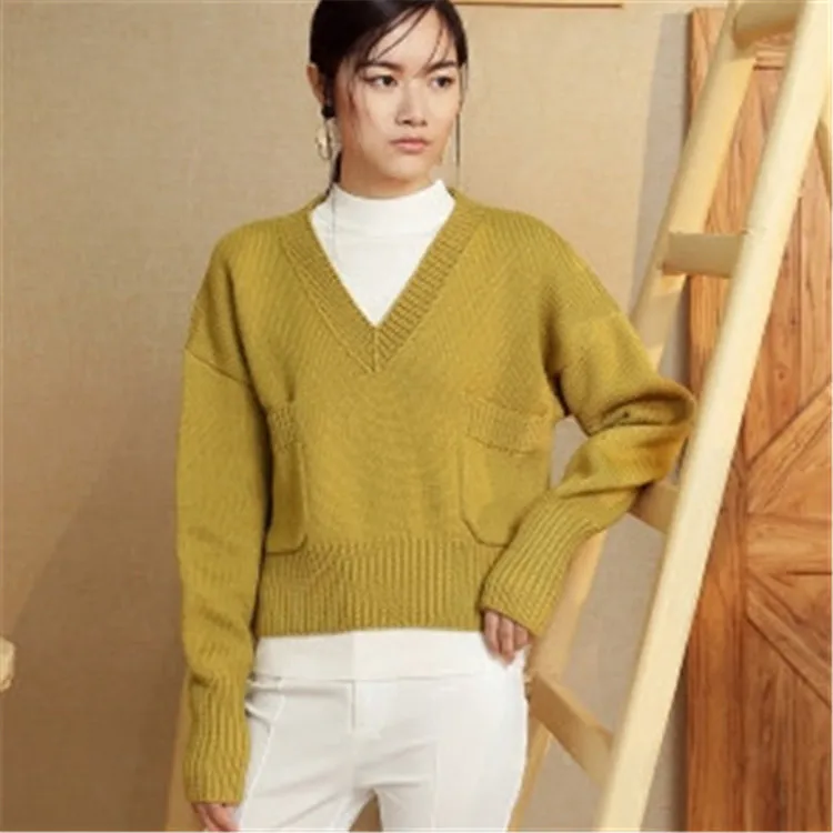 new fashion 100%hand made pure wool Vneck knit women solid H-straight short pullover sweater one&ov