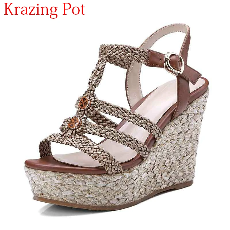 

2018 Genuine Leather Straw Buckle Strap Super High Heels Nightclub Thick Bottom Rivet Peep Toe Party Wedges Woman Sandals L37