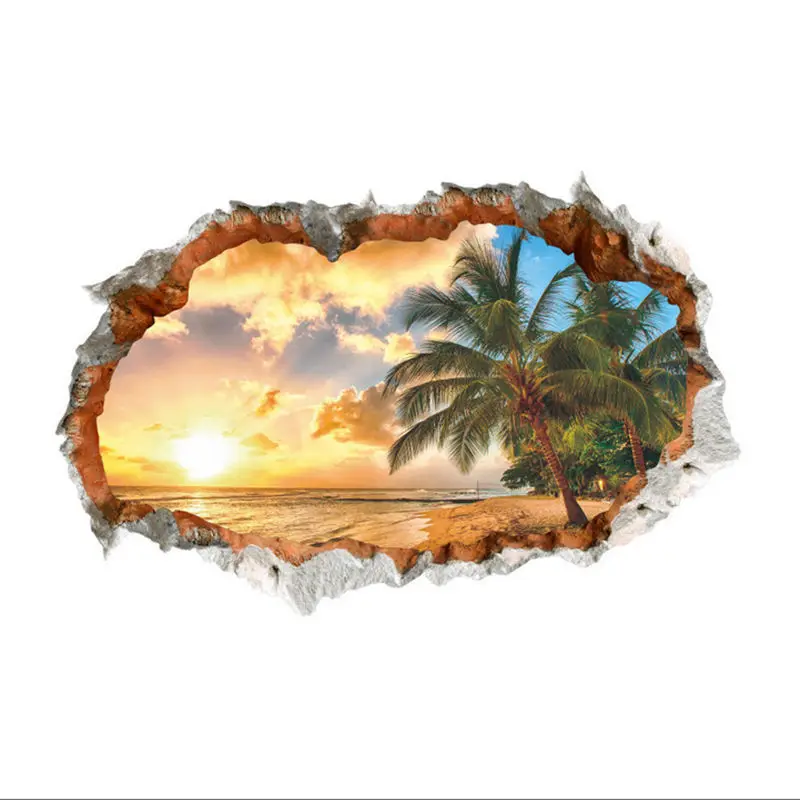 JX-LCLYL Removable Sunshine Beach 3D Window View Wall Art Sticker Vinyl Decal Mural Decor