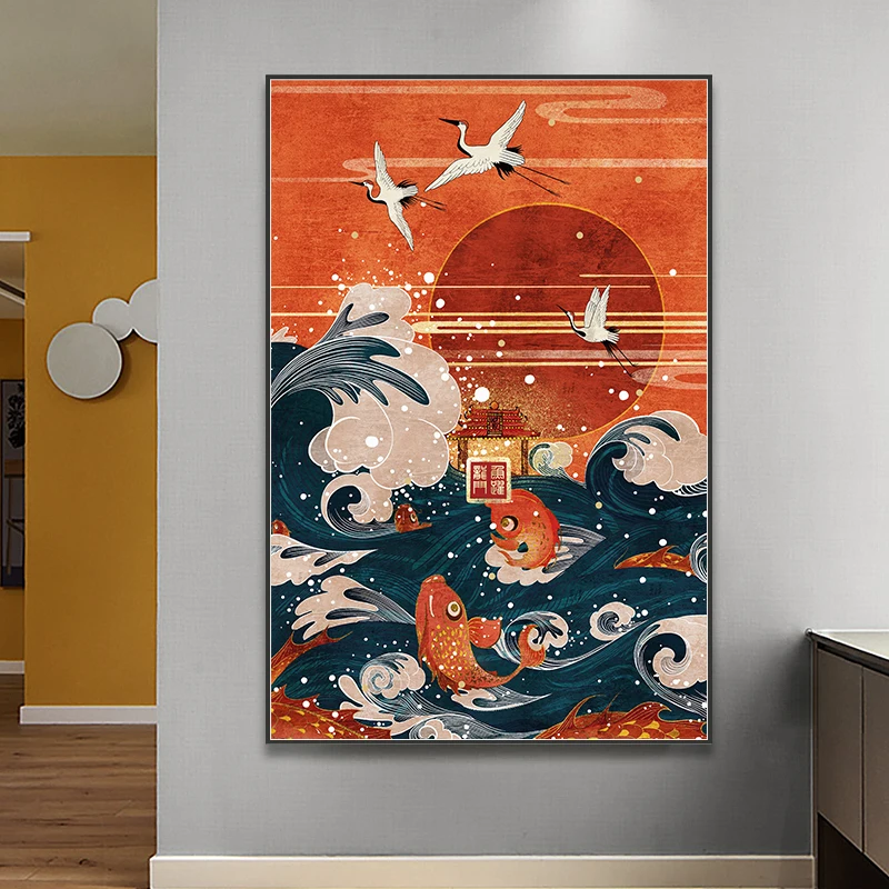 Холст Художественная печать живопись плакат японский стиль пейзажная живопись волна журавль красное солнце настенные картины для гостиной домашний декор