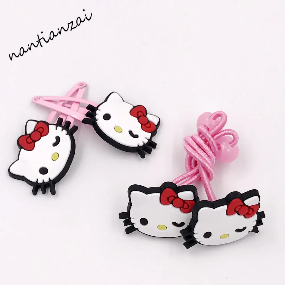 4Pcs Cute Girls Hello Kitty Elastic Hair bands Hairclips Children Hair rope Hairpins Hair