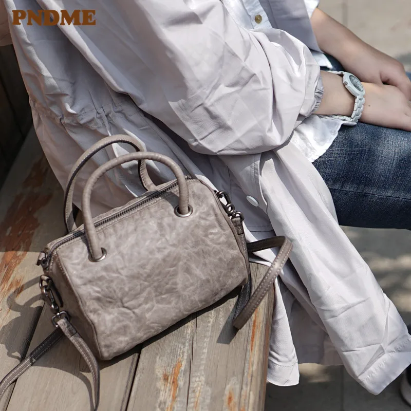

PNDME genuine leather diagonal back portable small bag handbags handmade cowhide leather simple shoulder Boston bag pillow bag