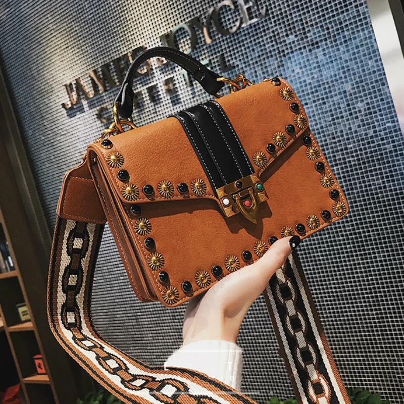 Female Wide Strap Square Bag New Quality PU Leather Women's Designer Handbag Rivet Shoulder Messenger bag Purse and Handbag