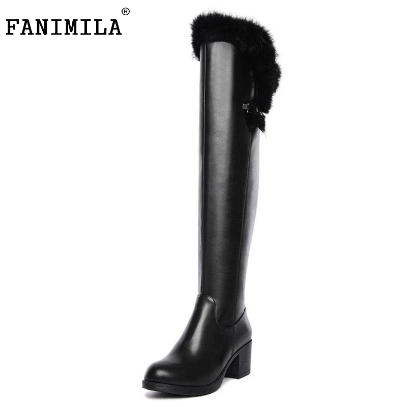 

Women Genuine Leather Over Knee High Boots Woman Square Heel Botas Fashion Fur Warm Winter Shoes Footwear Size 34-39
