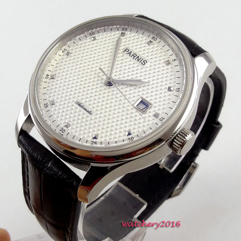 

Hot 43mm Parnis white dial Leather strap date adjust Automatic self-winding movement Business Mechanical men's Wristwatches