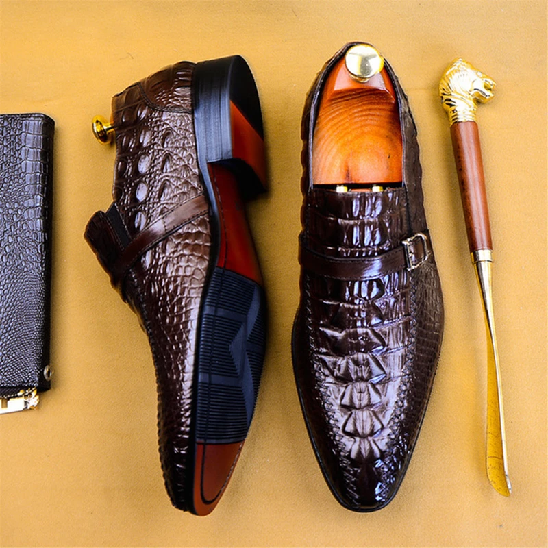 Phenkang mens formal shoes genuine leather crocodile oxford shoes for men black wedding shoes slipon leather dress shoes 2020