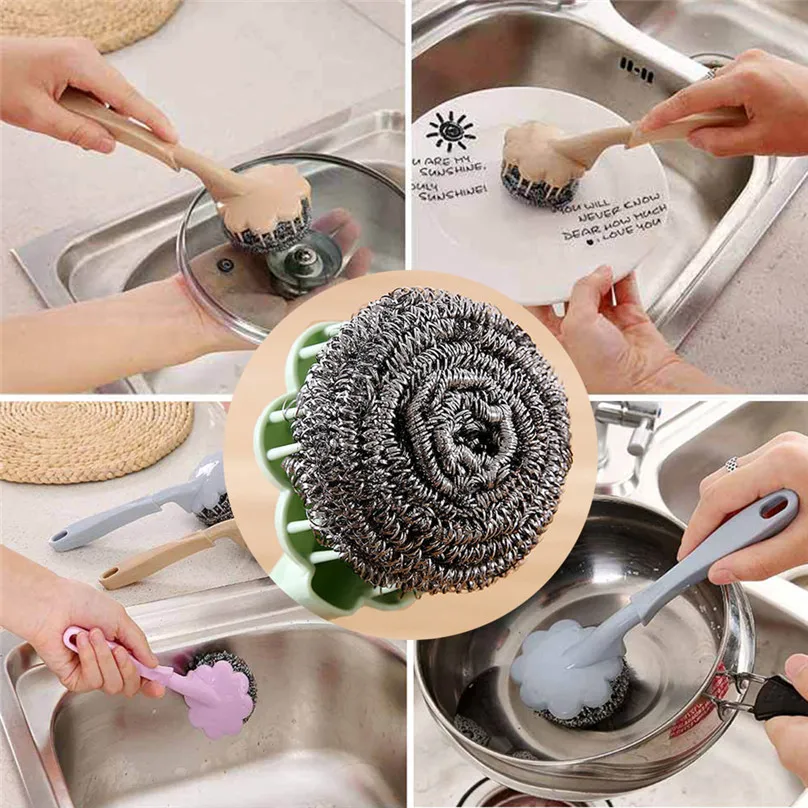 high quality Cleaning Brushes Stainless Steel Wire Ball Washing Pot Brush With Handle Cleaning Ball Brush  #3F14 (2)